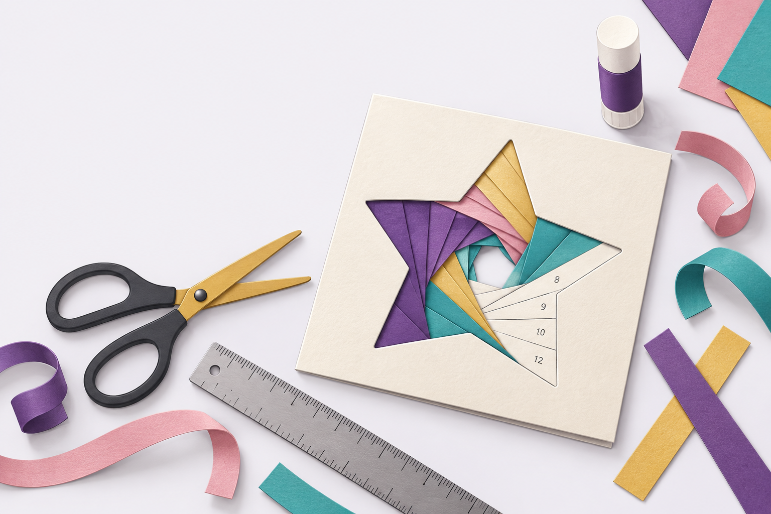 Scène d'atelier iris folding, bandes de papier colorées pliées en spirale