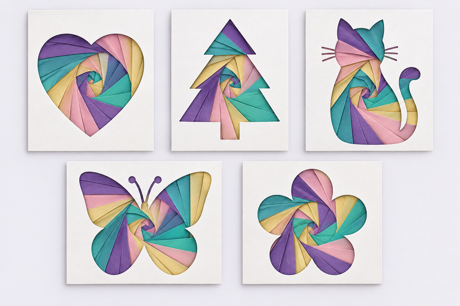 Planche de plusieurs cartes finies en iris folding, coeur, sapin, chat, papillon, fleur